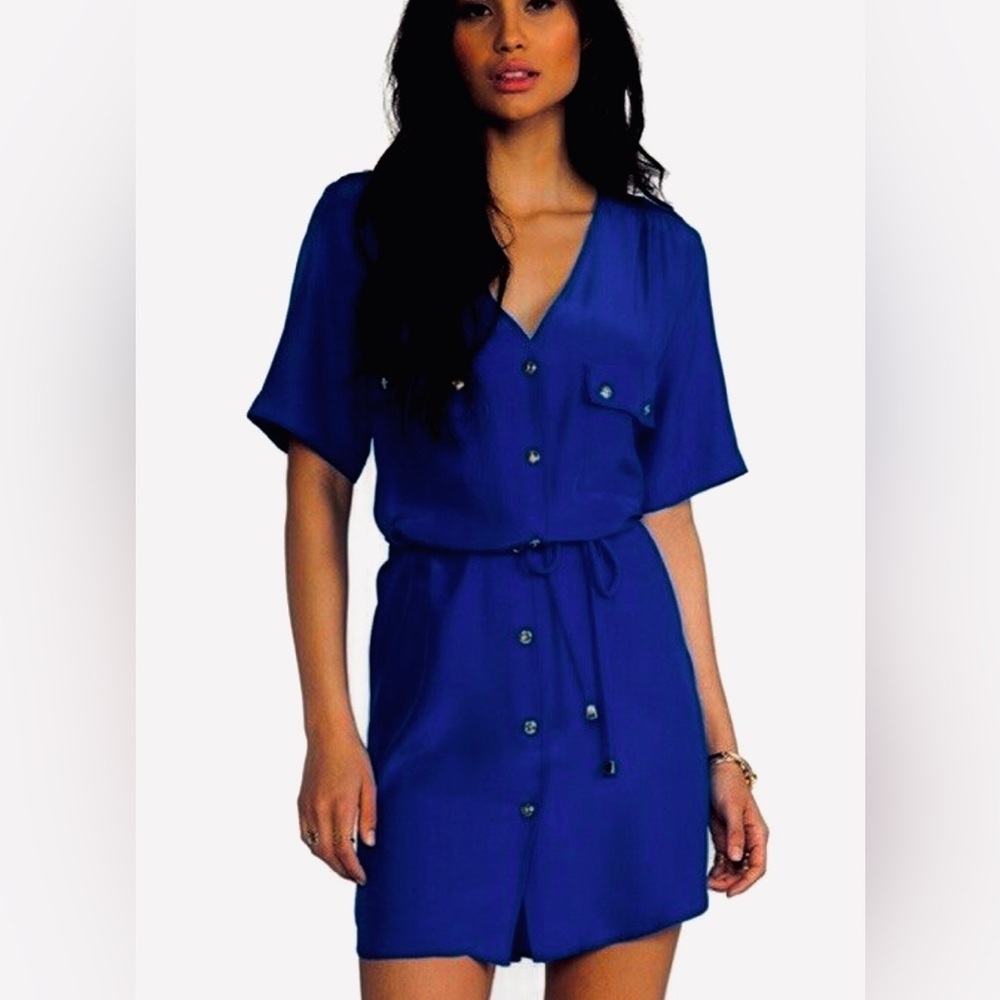 Amanda Uprichard Courtney Navy Blue Button Front V-Neck Silk Shirt Dress EUC S
